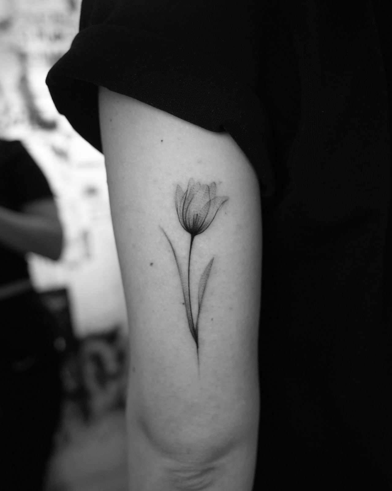 Tulip, minimal — light shading tattoo on the upper arm by Bobby, STUDIO MIBO