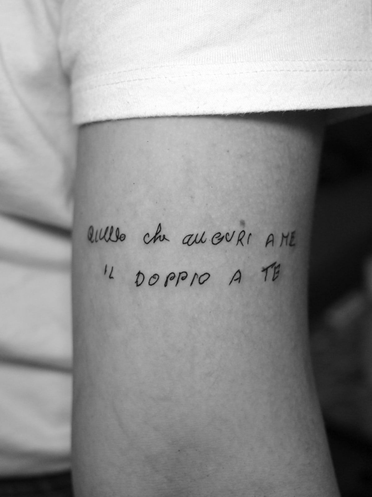 Grandpa's words, lettering tattoo on the upper arm by Mike, STUDIO MIBO